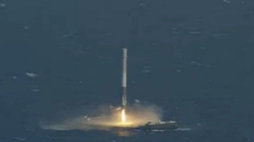 SpaceX lands its Falcon rocket on an ocean platform, 8 April