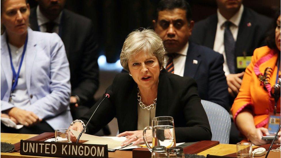 Theresa May speaks at a UN Security Council Meeting in New York