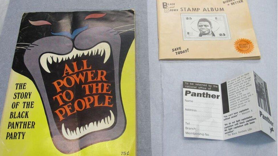 Black Panther party pamphlet and membership card. Black and Brown stamp album.