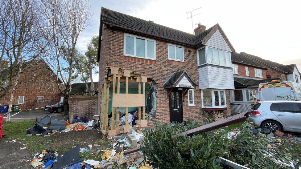 The scene after a car crashed into a house in Grays