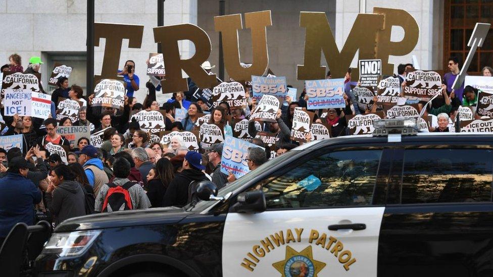 An anti-immigration enforcement demonstration in Los Angeles, California, in late March