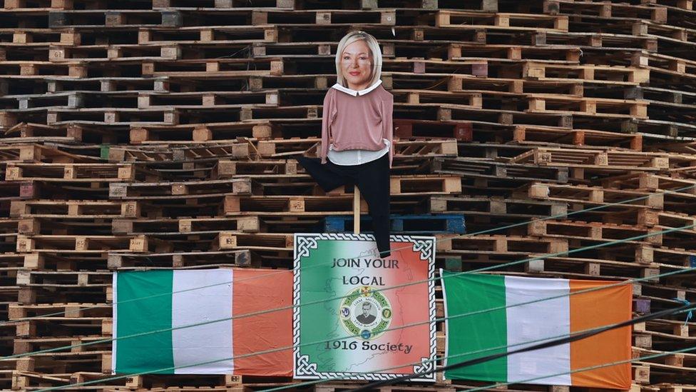 A effigy of Sinn Fein Vice President Michelle O'Neill on the Eastvale Avenue bonfire in Dungannon, on the Eleventh night to usher in the Twelfth commemorations