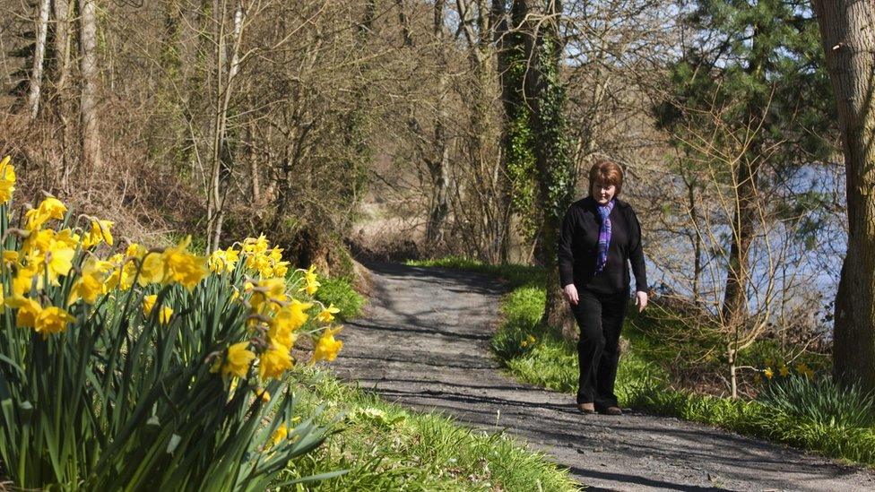 A Woman Walks Alone Down A Trail Along The Water