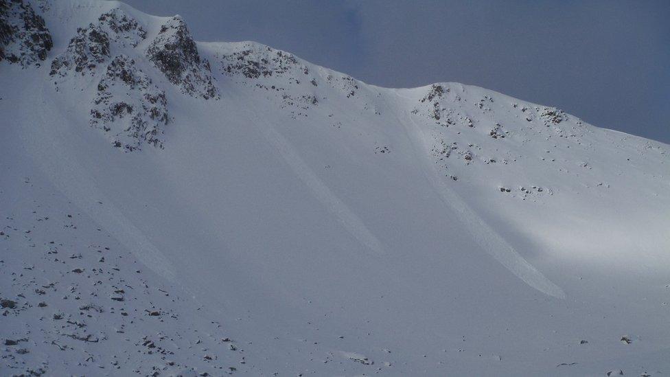 Avalanche debris at Stob Coire nan Lochan in Geln Coe