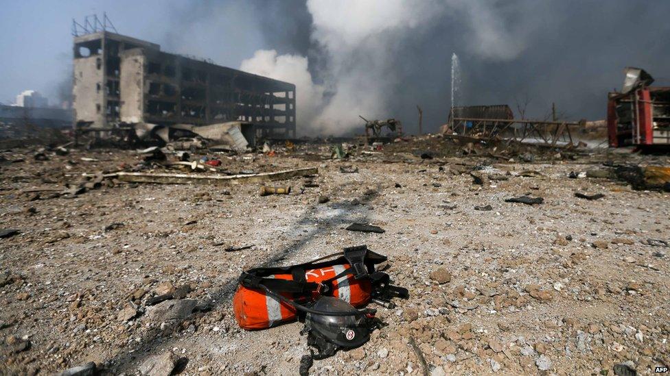 A fire extinguisher at the scene of two explosions in Tianjin