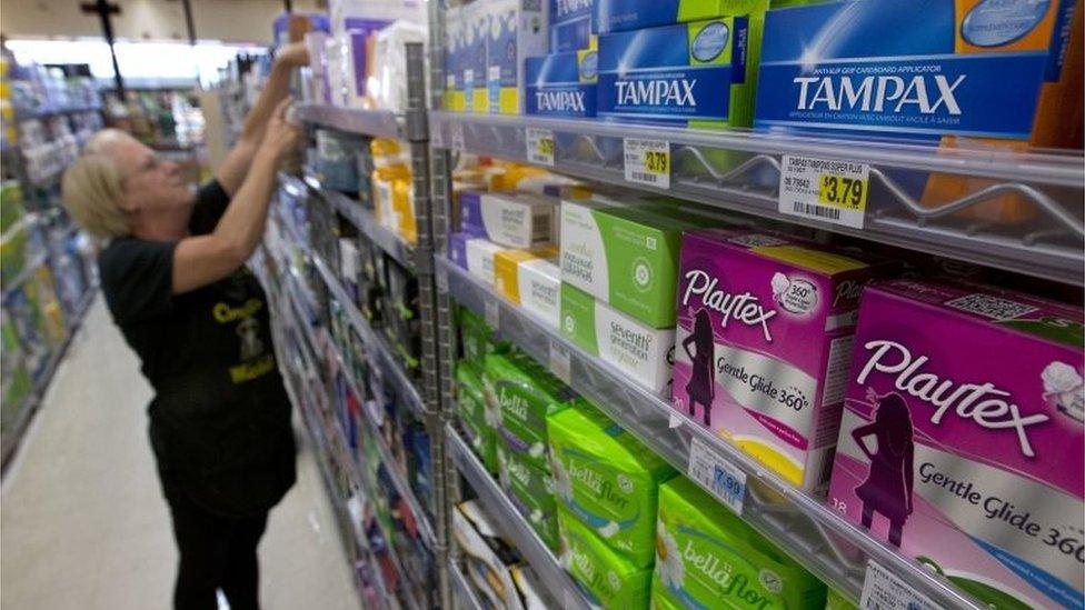 Feminine hygiene products are seen at Compton"s Market in Sacramento, California.