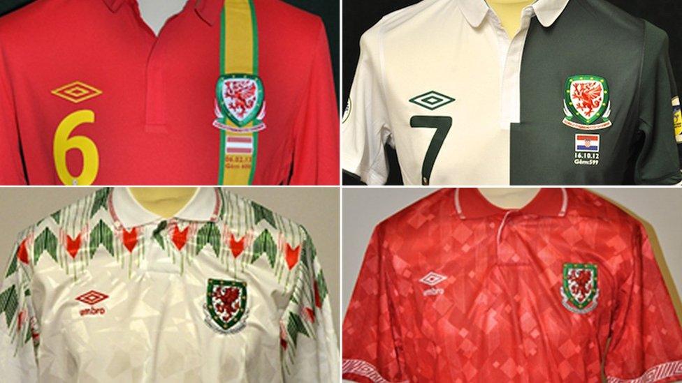 (top left) Ashley Williams' home shirt from Wales v Austria in February 2013, (top right) Joe Allen's away green and white shirt v Croatia in October 2012, (bottom left) Ian Rush's away shirt white v Luxembourg in November 1990 and (bottom right) Mark Hughes' home shirt v Luxembourg in November 1991