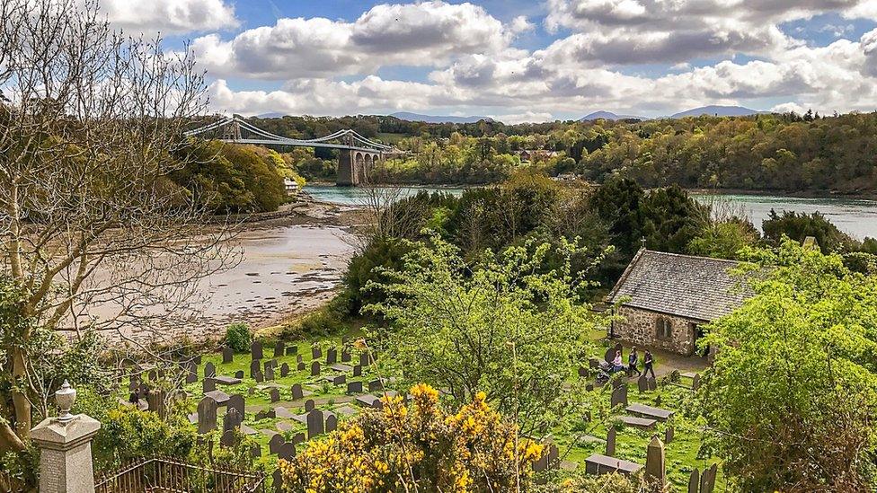 Menai Bridge, taken from St Tysilio's Church, Church Island