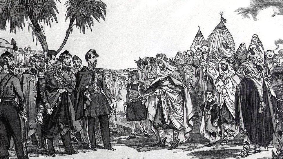 A art's drawing showing the surrender of Emir Abdelkader in 1847