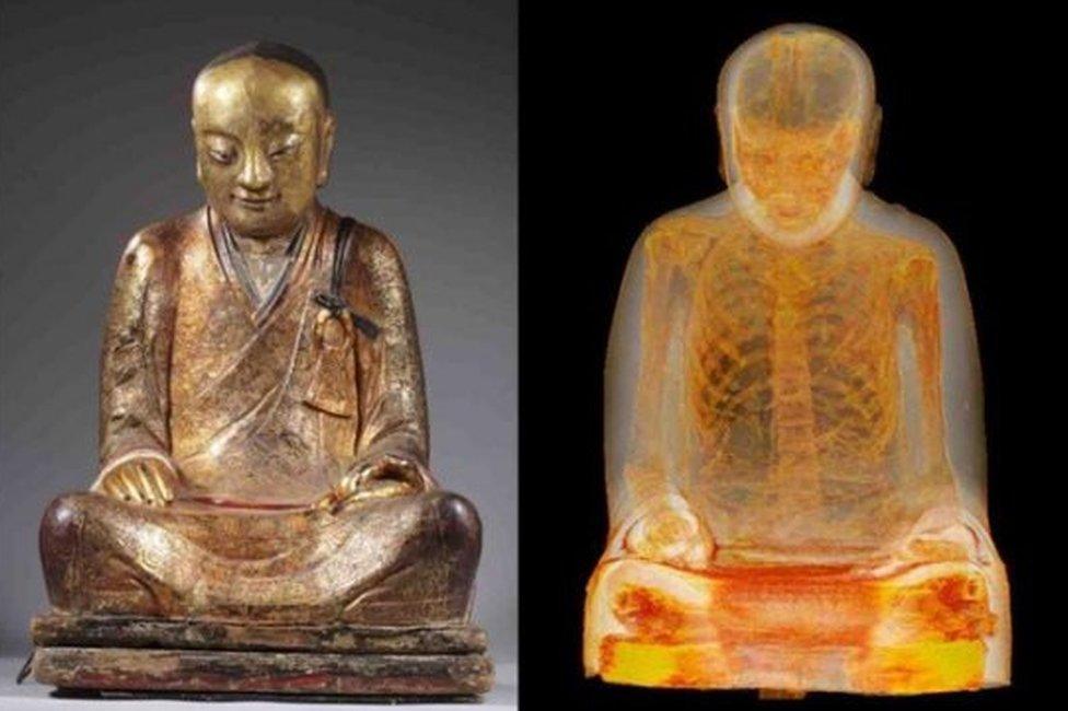 The Zhanggong Patriarch and x-ray images of the monk's remains inside