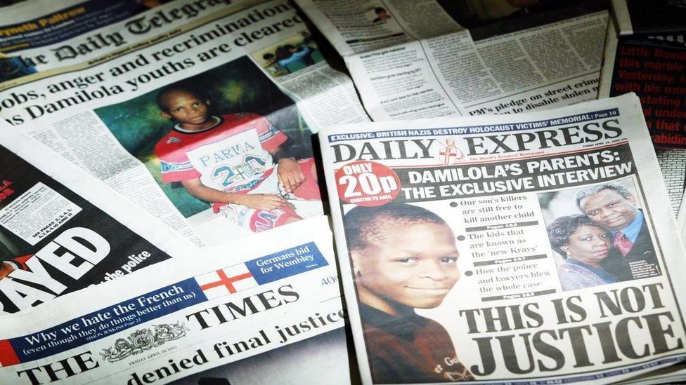 Britain's newspapers on 26 April 2002 after two brothers were cleared of Damilola's murder on 25 April