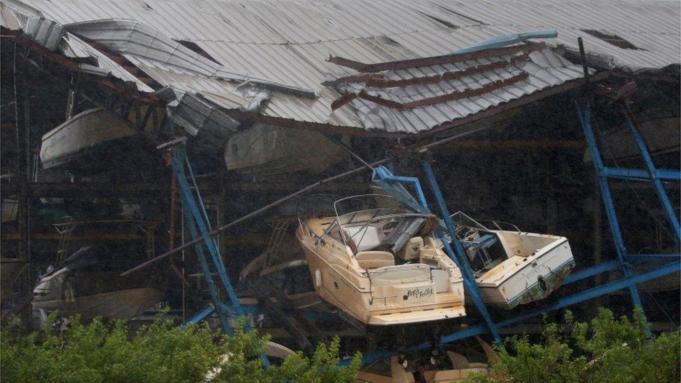 A boat rack storage facility lays destroyed after Hurricane Irma blew though Hollywood, Florida