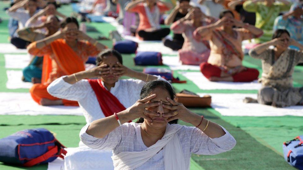 Yoga practitioners perform yoga during the International Day of Yoga, in Jammu, the winter capital of Kashmir, India, 21 June 2019. The United Nations (UN) has declared 21 June as the International Yoga Day after adopting a resolution proposed by Indian Prime Minister Narendra Modi"s government.