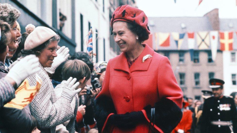 Queen Elizabeth II greets crowds of wellwishers in Scotland , as part of Royal Jubilee Tour, HRH Silver Jubilee celebrations, Tuesday 24th May 1977.