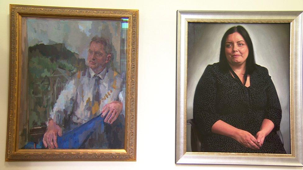 Portraits of former Sinn Féin lord mayors John Finucane and Deirdre Hargey