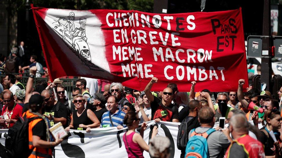 French state-owned railway company SNCF workers and labour union members attend a protest against the French government's reforms in Paris, France, June 28, 2018