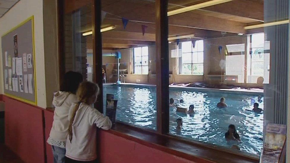 Children looking at a swimming pool