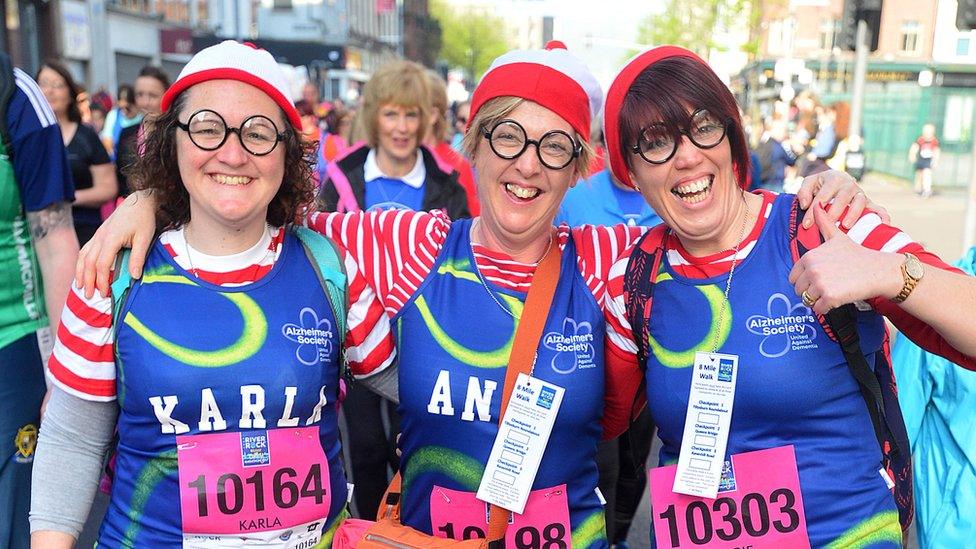 Three women dressed as the cartoon character Wally, Belfast City Marathon, 1 May 2017