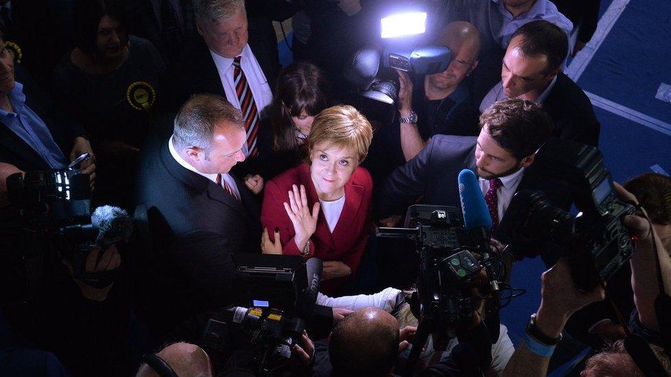 First Minister and SNP Leader Nicola Sturgeon arrives at the counting hall during the UK Parliamentary Elections at the Emirates Arena on 9 June 2017 in Glasgow, Scotland.