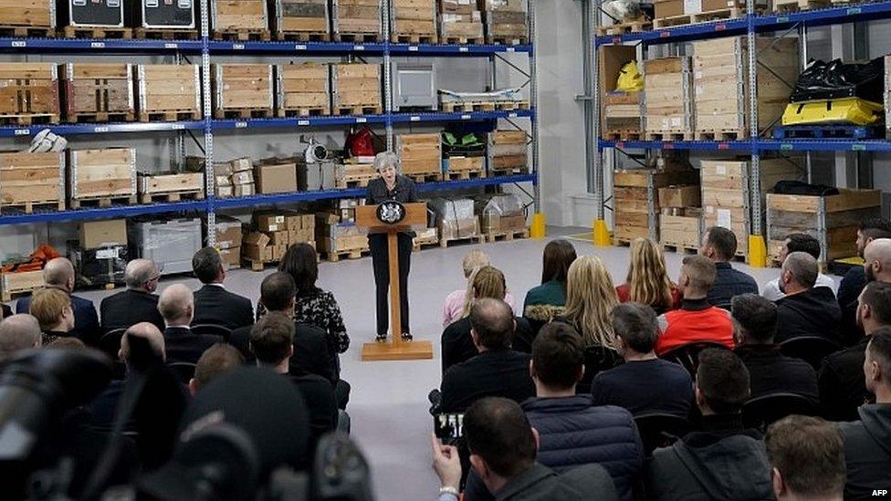 Theresa May speaking at Grimsby facility of the green energy firm Orsted