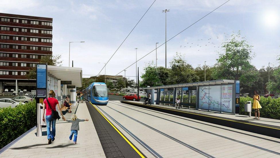 A CGI of how the Metro will look in Flood Street, Dudley town centre