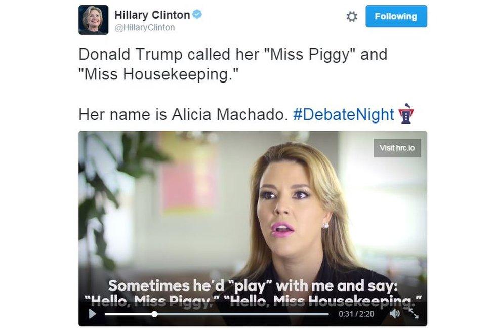 Screen grab of tweet posted by Hillary Clinton with a video in which Alicia Machado claims she was called "Miss Piggy" and "Miss Housekeeping" by Donald Trump