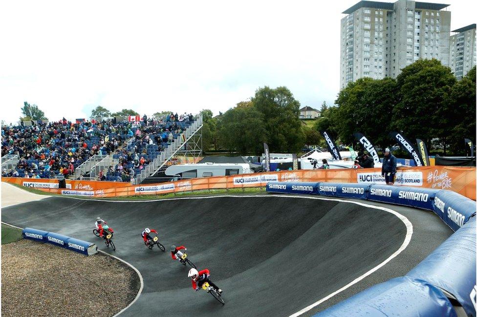 A general view of the action in heat 18 of the BMX Racing Boys 10 race