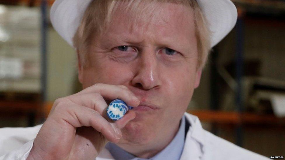 Boris Johnson during a visit to a sweet shop in Blackpool