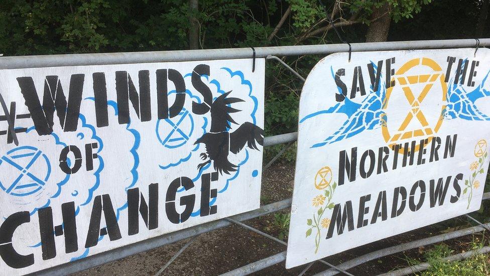 Protest signs on gate at Northern Meadows, Whithcurch, Cardiff