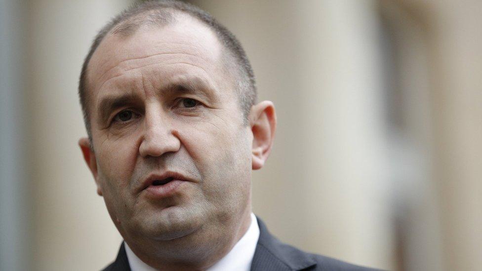 Bulgarian President Rumen Radev addresses media following a meeting with French President Emmanuel Macron at the Elysee Palace in Paris, 4 December 2017