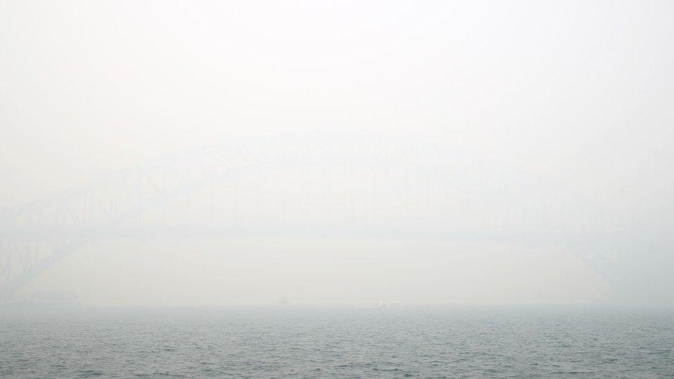 Sydney Harbour Bridge obscured by grey smoke