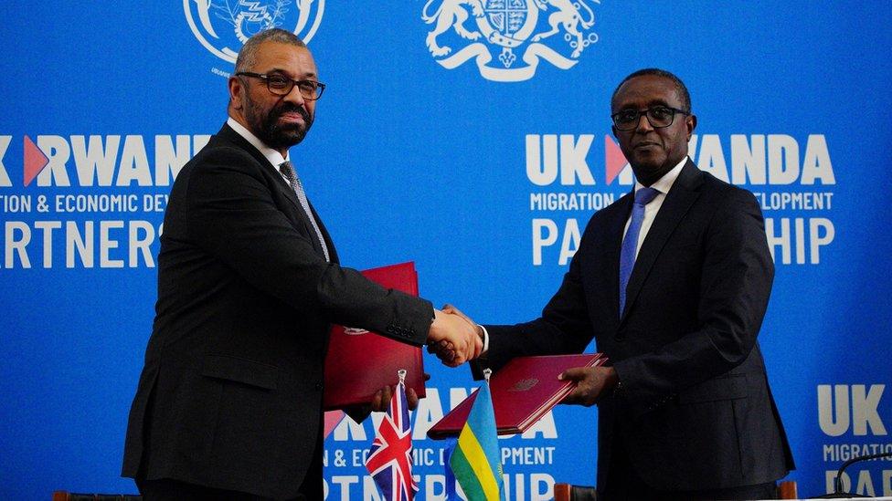 Home Secretary James Cleverly and Rwandan Minister of Foreign Affairs Vincent Biruta sign a new treaty in Kigali, Rwanda