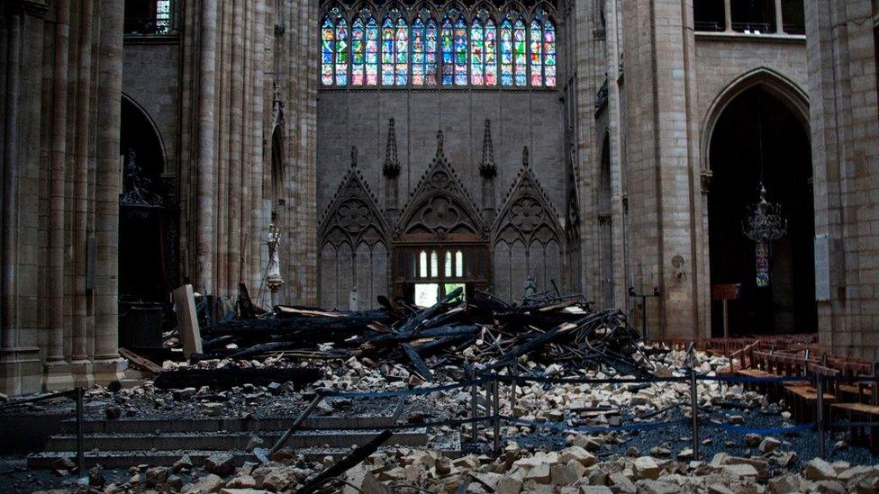 Debris inside the Notre-Dame-de Paris Cathedral in Paris on April 16, 2019