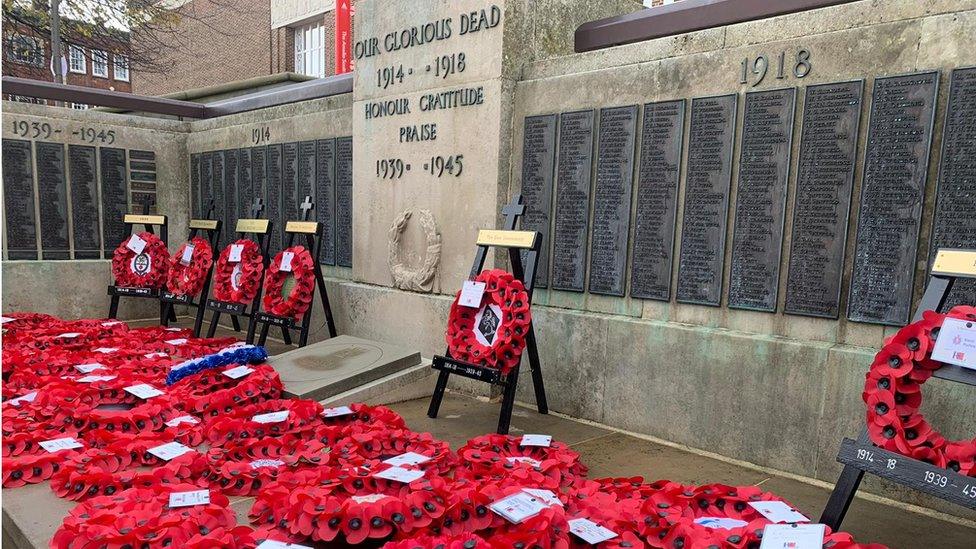 Wreaths left at war memorial in Tunbridge Wells, Kent