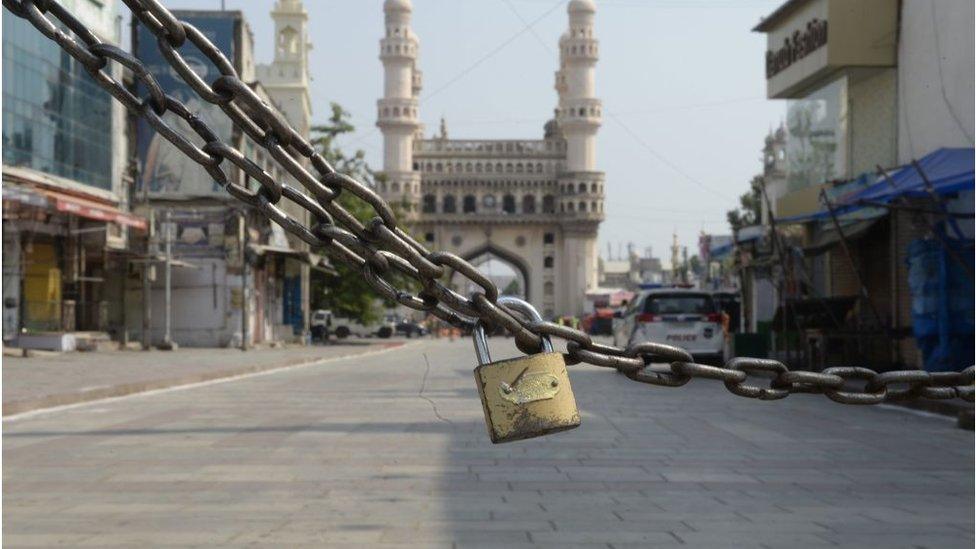 The entrance of the historic monument Charminar is locked during a government-imposed nationwide lockdown