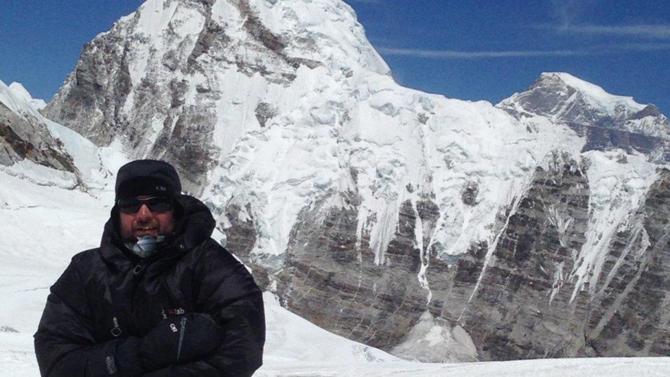 Leslie Binns in front of Pumori mountain