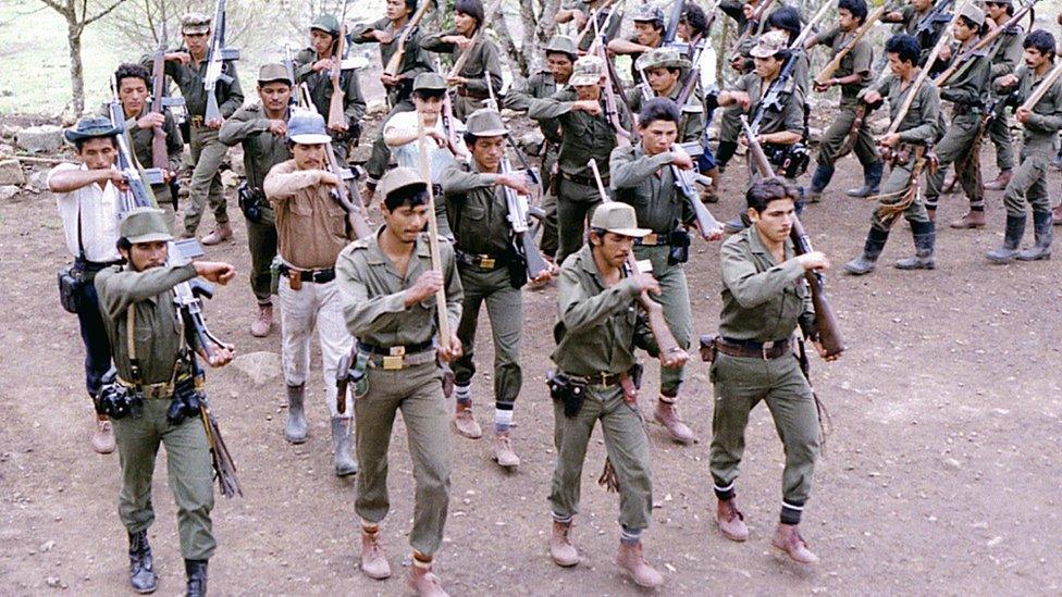 Picture taken in the 80's of Revolutionary Armed Forces of Colombia (FARC) fighters during training at a camp somewhere in the Colombian mountainous region.