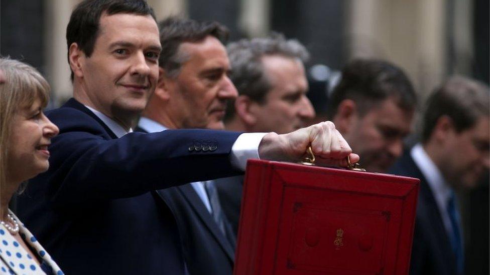 George Osborne holds up the red box alongside his Treasury team