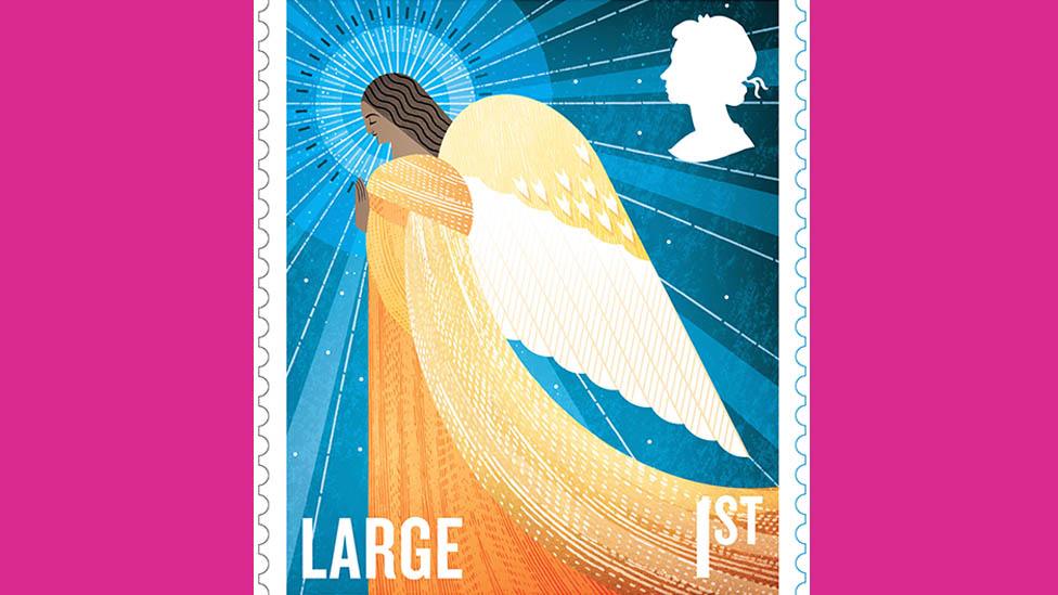 A large first class stamp of the angel in the nativity story