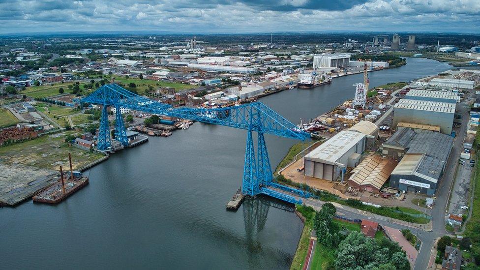 Aerial view of Tees transporter bridge