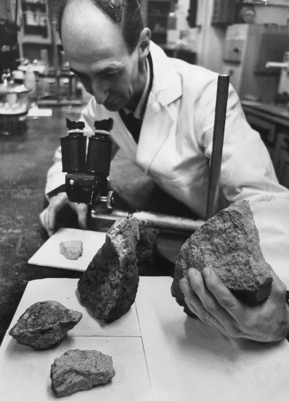 1966: An official at the Natural History Museum in London examines a piece of the meteorite which landed on Barwell in Leicester