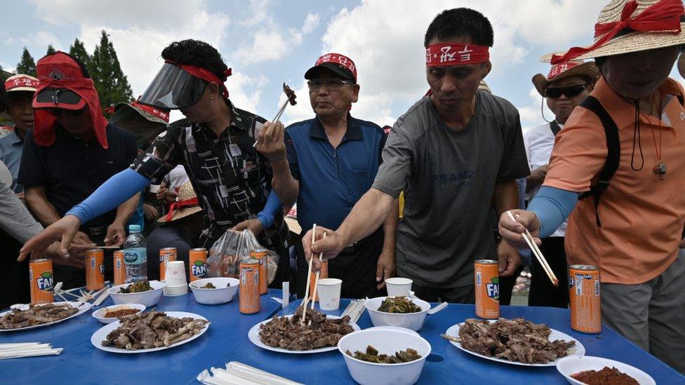 South Korean dog farmers eat dog meat during a counter-rally in Seoul on 12 July 2019