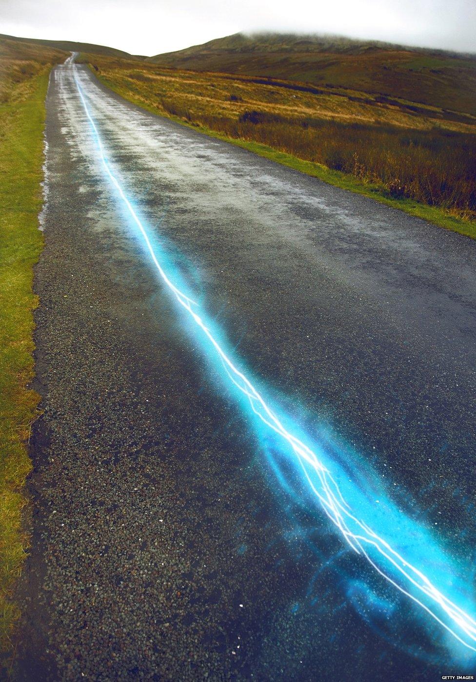 Fibre optic cable shown on a rural road in the UK