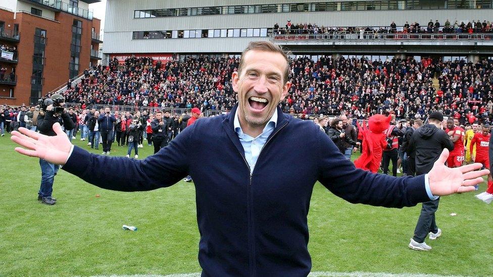 Justin Edinburgh celebrating Leyton Orient's championship win in the National League in 2018-19