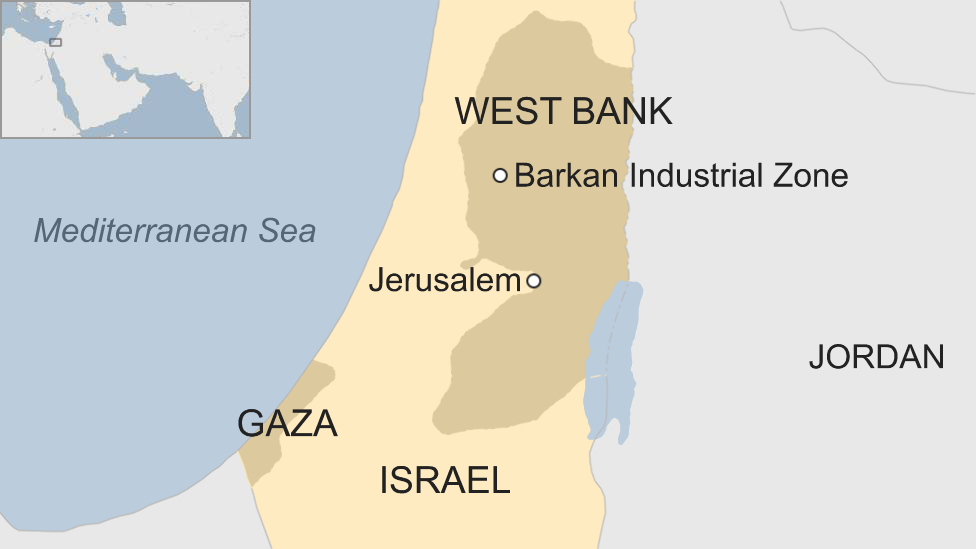 Map of Israel and West Bank showing location of Barkan Industrial Zone