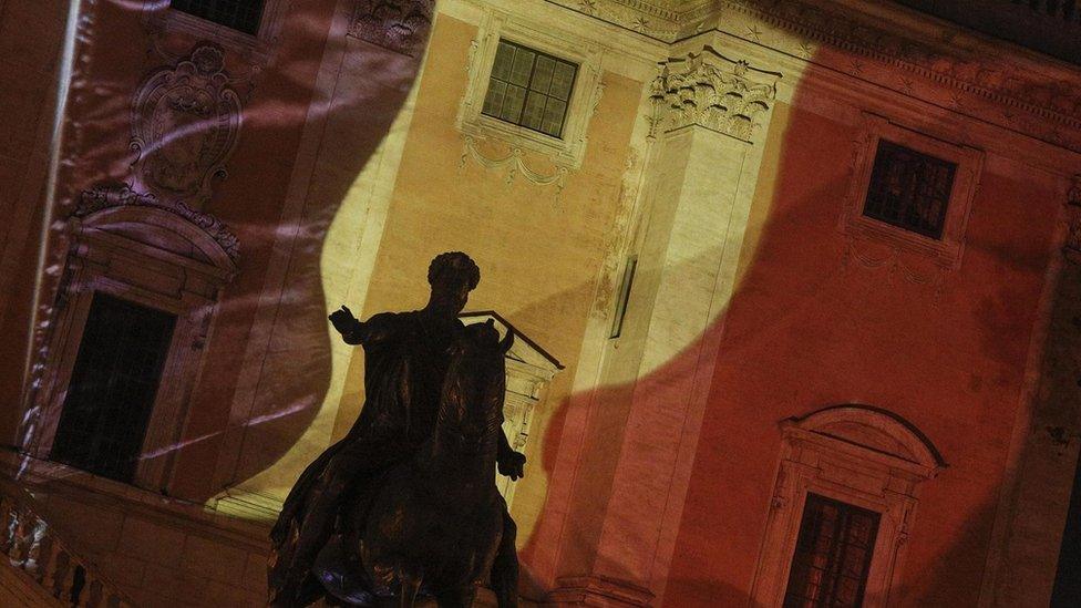 Rome's Capitoline Hill lit up in the colours of the Belgian flag. 22 March 2016