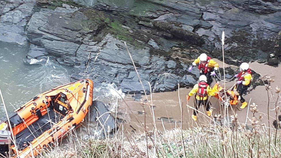 An RNLI crew rescues the dog from a small cove