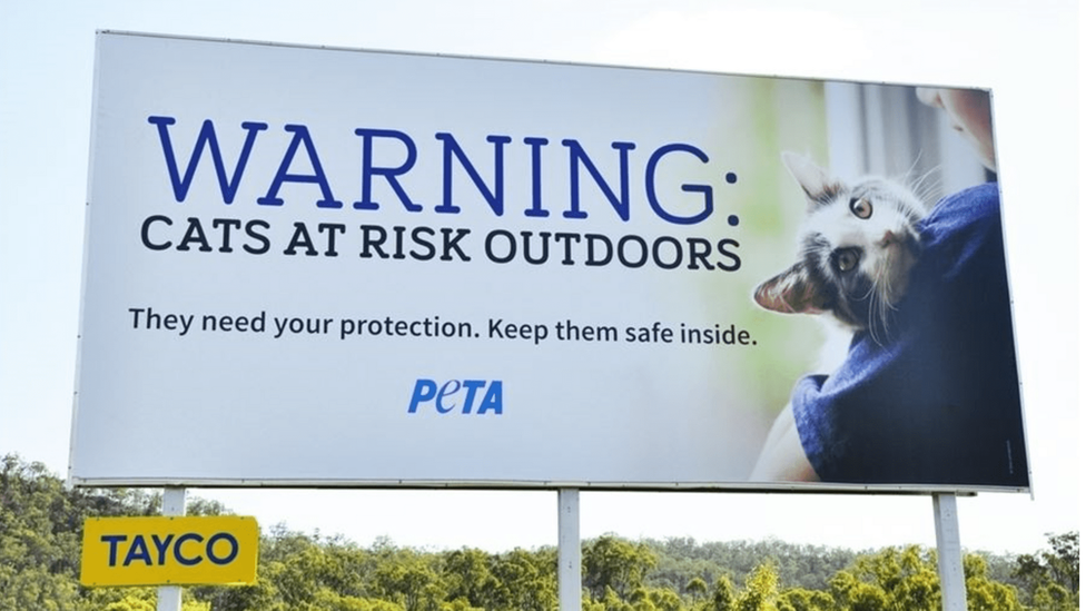 PETA billboard that says 'Warning: cats are at risks outdoors. They need your protection. Keep them safe inside.'