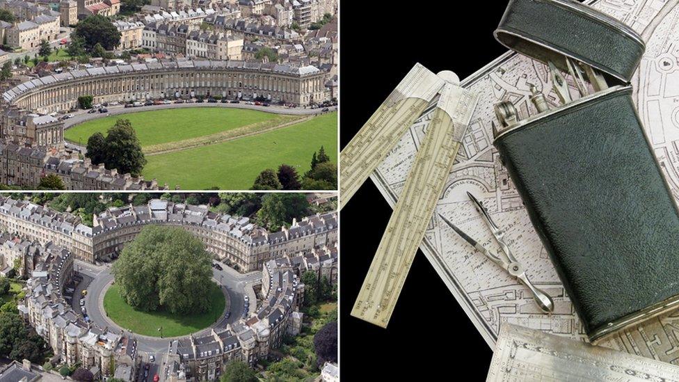 A composite image of the drawing set, and the Royal Crescent and The Circus in Bath