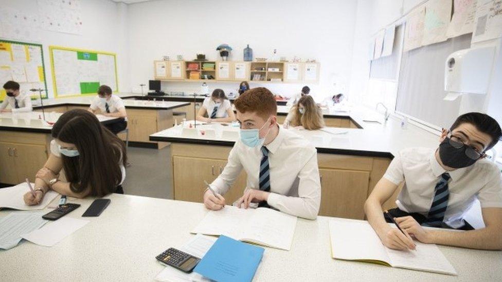 Pupils in Scotland wearing masks in class, under guidance for level 3 and 4 restriction areas.